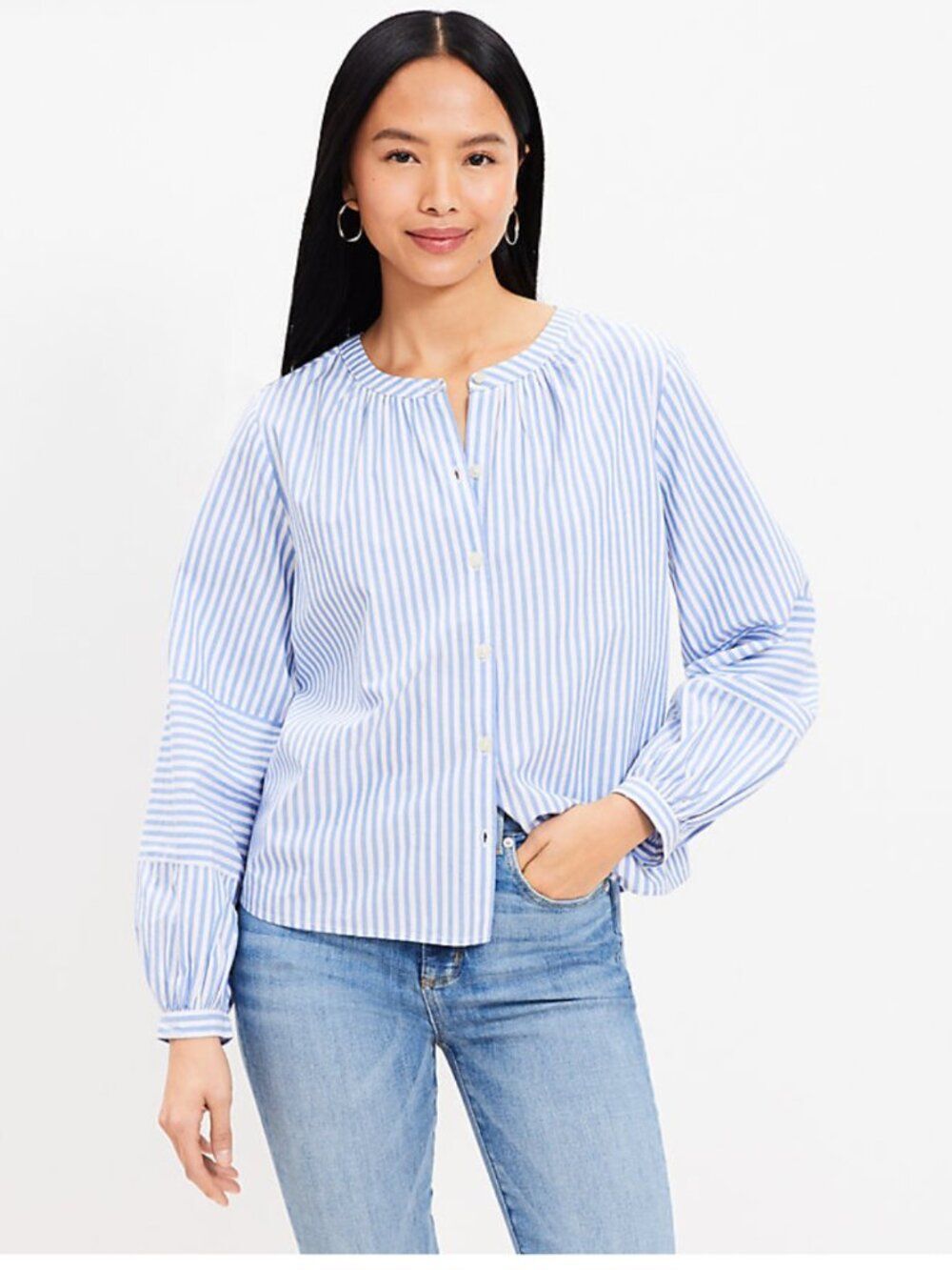 Ann Taylor LOFT Striped Poet Blouse Medium Blouson Sleeves Shirt